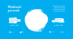 Niebieska grafika z białymi elementami oraz informacjami zawartymi w treści posta.